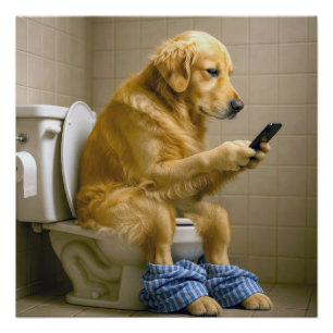 Gouden Retriever Zit Op Het Toilet En Sms't Perfect Poster