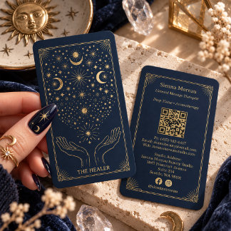 Gouden Retro Celestiale Tarot Massage Reiki QR Nav Visitekaartje