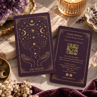 Gouden Retro Celestiale Tarot Massage Reiki QR Pru Visitekaartje