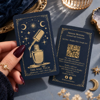 Gouden Retro Celestiale Tarot Nagelstylist QR Navy Visitekaartje
