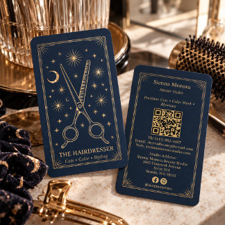Gouden Retro Hemels Tarot Kapsalon QR Marineblauw Visitekaartje