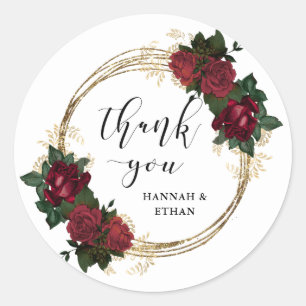 Gouden ringen en rode rozen   Dank u Ronde Sticker
