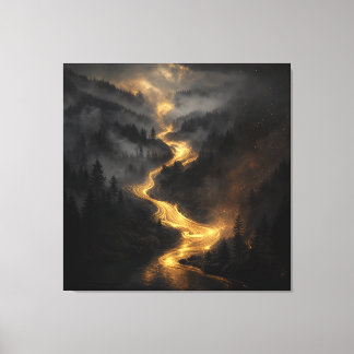 Gouden rivier door het nevelige bos – Luxe Canvas Afdruk