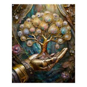 Gouden Robot Hand die Gouden Boom des Levens Vasth Perfect Poster