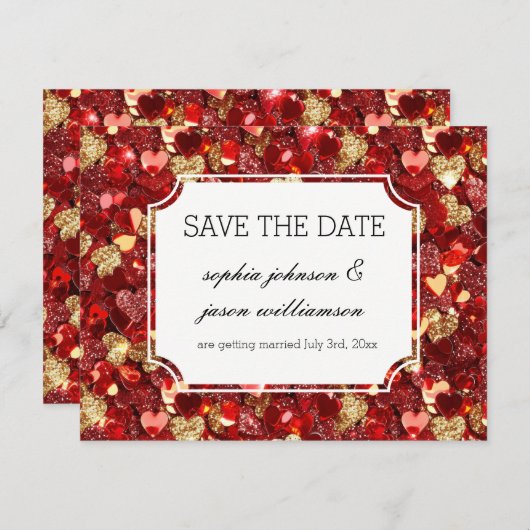 Gouden rode blitse harten redden de datum save the date (Voorkant / Achterkant)