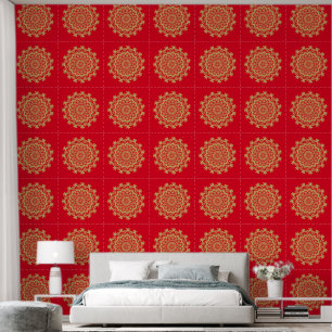 Gouden Rode Bloemen Abstract Mandala Behang
