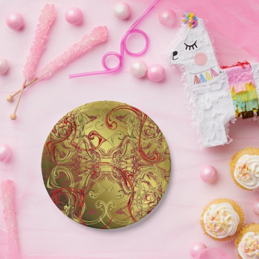 gouden, rode en zwarte glanzend kleurig papieren bordje (Feest)