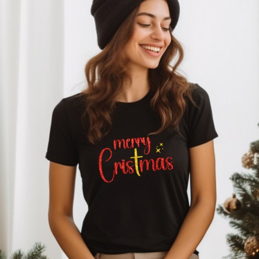 Gouden Rode Glitter Vrolijk Kerst Christelijk Krui T-shirt