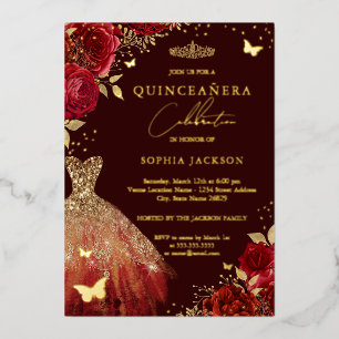 Gouden rode jurk bloem vlinder Quinceanera Folie Uitnodiging