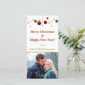 Gouden rode kerstbal feestdagenkaart (Staand voorkant)