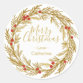 Gouden Rode Pine Berry Christmas Wreath familienaa Ronde Sticker (Voorkant)