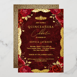 Gouden Rode Roos Kant Quinceanera Verjaardag Folie Uitnodiging