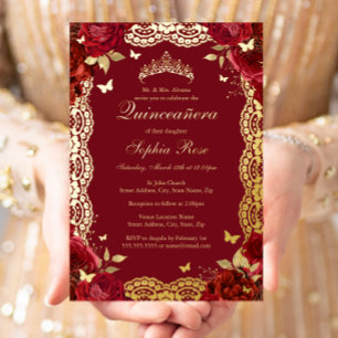 Gouden Rode Roos Kant Vlinder Quinceanera Verjaard Folie Uitnodiging