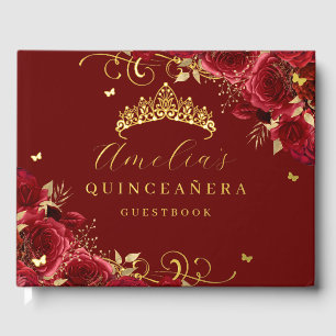 Gouden Rode Rose Bloemen Wervelkolk Quinceanera Gastenboek