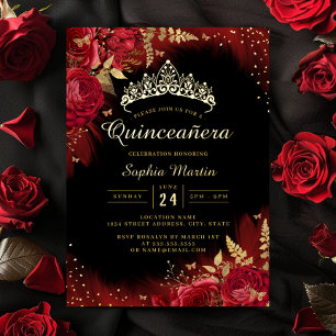 Gouden Rode Vlinder Bloemige Foto Quinceanera Folie Uitnodiging