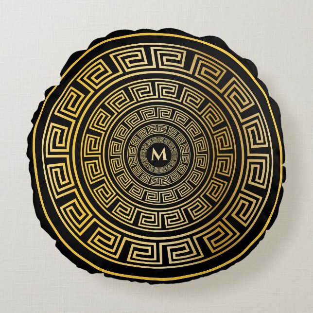 Gouden Ronde Griekse Sleutel Custom Monogram Ronde Rond Kussen (Voorkant)