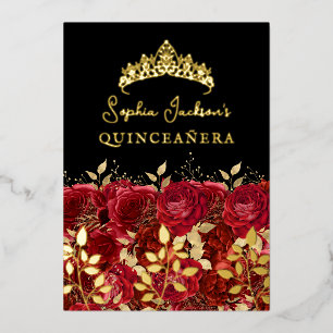 Gouden Rood Bloemig Rozenblad Quinceanera Folie Uitnodiging