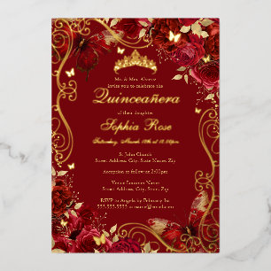 Gouden Rood Vintage Vlinder Bloemrijke Quinceanera Folie Uitnodiging