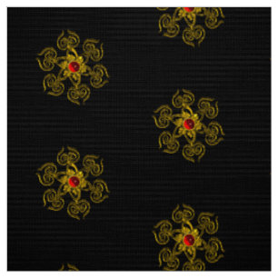 GOUDEN ROOS MET ROOD RUBY Zwart Patroon Stof