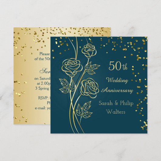 Gouden roos op blauwgroen, confetti 50ste verjaard kaart (Voorkant / Achterkant)