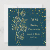 Gouden roos op blauwgroen, confetti 50ste verjaard kaart (Voorkant)