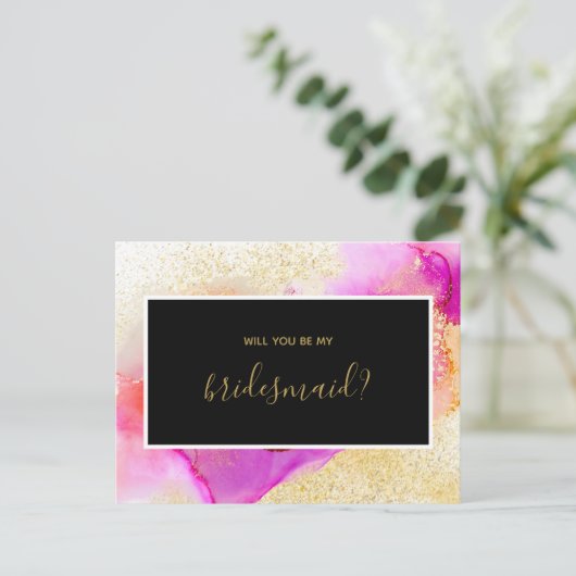 Gouden Roze Abstracte Waterverf Be My Bridesmaid Uitnodiging Briefkaart (Staand voorkant)
