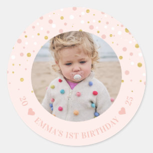 Gouden & Roze Ballonnen 1e Verjaardagsfeestje Fo Ronde Sticker