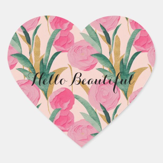 Gouden roze bloemen hart sticker (Voorkant)