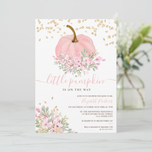 Gouden roze bloemenpompoen waterverf baby shower kaart (Staand voorkant)
