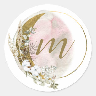 Gouden Roze Blush Monogram Waterverf Celestial Ronde Sticker