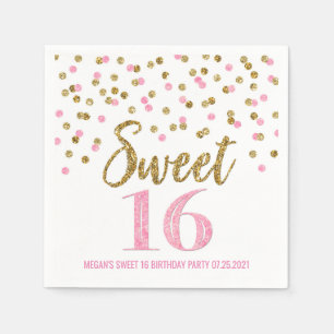Gouden Roze Confetti Sweet 16 Verjaardag Servet