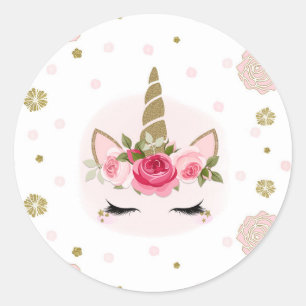 Gouden & Roze Eenhoorn Bloem Bloeit Trendy Feestje Ronde Sticker