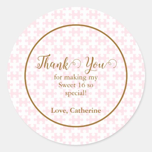 Gouden roze en witte puzzel geruit zoet 16 ronde sticker (Voorkant)