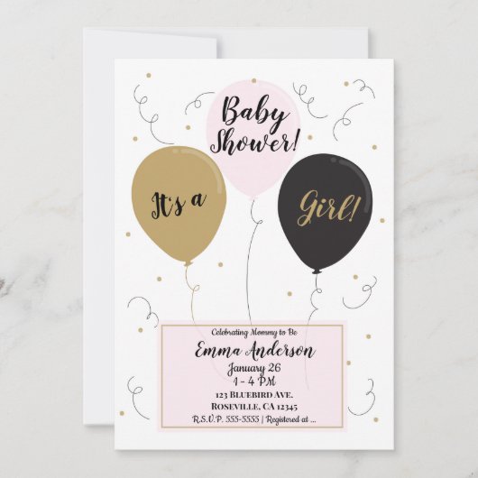 Gouden roze en zwarte ballonnen Het is een meisje  Kaart (Voorkant)