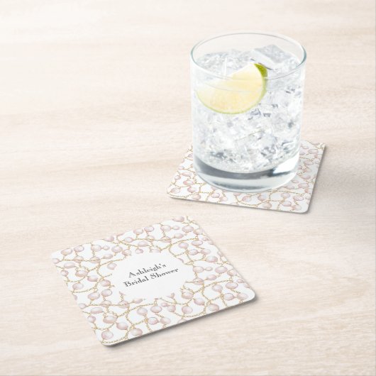 Gouden Roze Glam Parels Bruidsdouche Vierkante Kartonnen Onderzetter (Insitu)