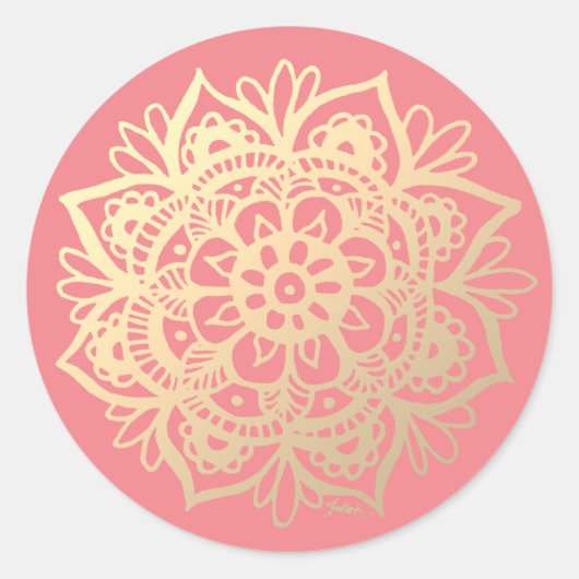 Gouden Roze Mandala Bloem Ronde Sticker (Voorkant)