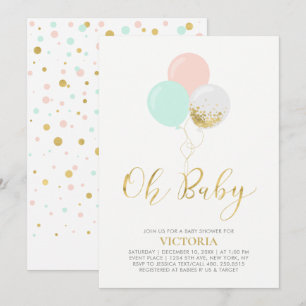 Gouden, Roze, Mint Ballonnen   Oh Baby Baby Shower Kaart