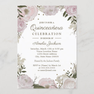 Gouden Roze Sparkle Bloemen Quinceanera Kaart