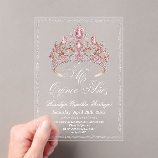 Gouden Roze Tiara Quinceanera Foto Acryl Uitnodigingen