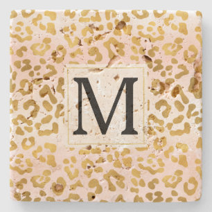 Gouden Roze Witte Luipaard Print Monogram Stenen Onderzetter
