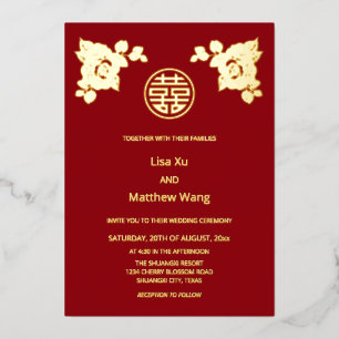 Gouden Rozen Chinees Bruiloft Folie Uitnodiging
