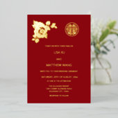 Gouden Rozen Chinees Bruiloft Folie Uitnodiging (Staand Voorkant)