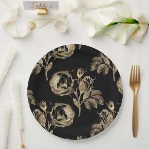 Gouden Rozen Elegant Goud Bloemen op Zwart Papieren Bordje