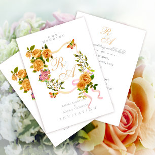 Gouden Rozen lint Monogram Huwelijksuitnodiging Kaart