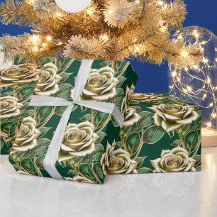 Gouden rozen met smaragdgroene bladeren  cadeaupapier