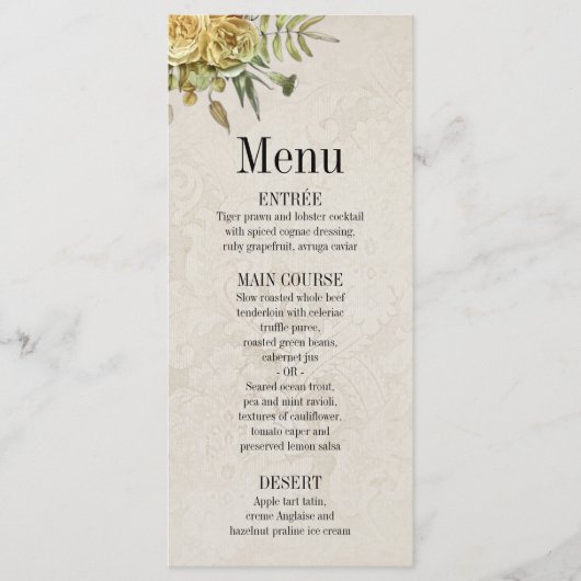 gouden Rozen op damast behang bruiloft Menu (Voorkant)