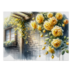 Gouden Rozen op Rustic Stone Cottage Wall Perfect Poster