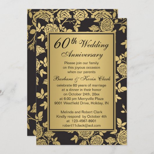 Gouden rozen op zwarte 60ste verjaardag kaart (Voorkant / Achterkant)