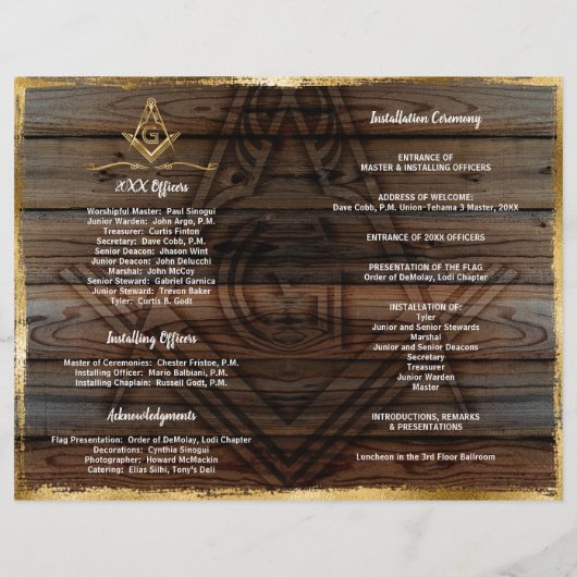 Gouden rustieke Houten Bifold Masonic Programma Sj (Achterkant)