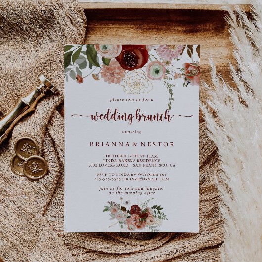 Gouden rustieke kleurrijke bloemenbruiloft brunch kaart